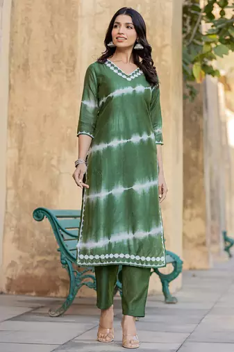  green tie dye lace-work yoke and boder straight kurta and trouser set