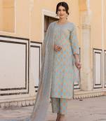 Sky blue floral print sequins work straight kurta trouser and dupatta set