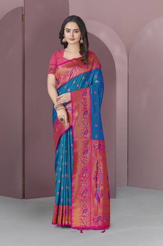 Blue Original Meenakari Paithani Silk Zari Woven Saree