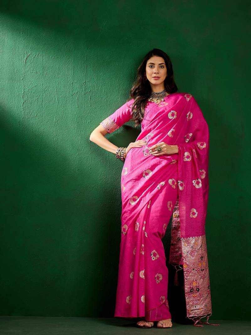 MAHALASA Pink Meena Staple Dola Cotton Saree For Women 