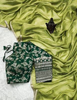 Parrot Colour Crush tissue silk saree with banarasi Stitched blouse(40) 3