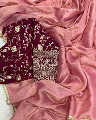 Peach Colour Crush tissue silk saree with banarasi blouse(40) 1