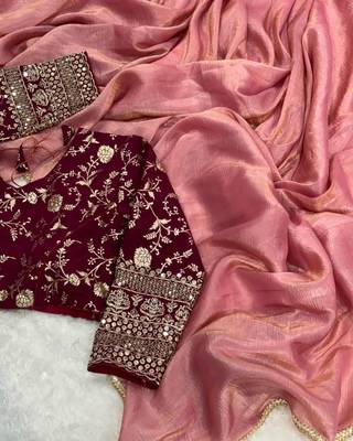 Peach Colour Crush tissue silk saree with banarasi blouse(40) 2