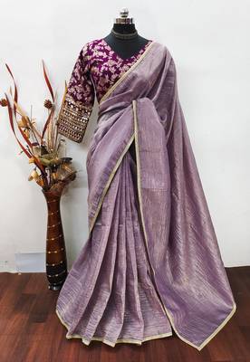 Light Pink Colour Crush tissue silk saree with banarasi Stitched blouse (40 Size) 1