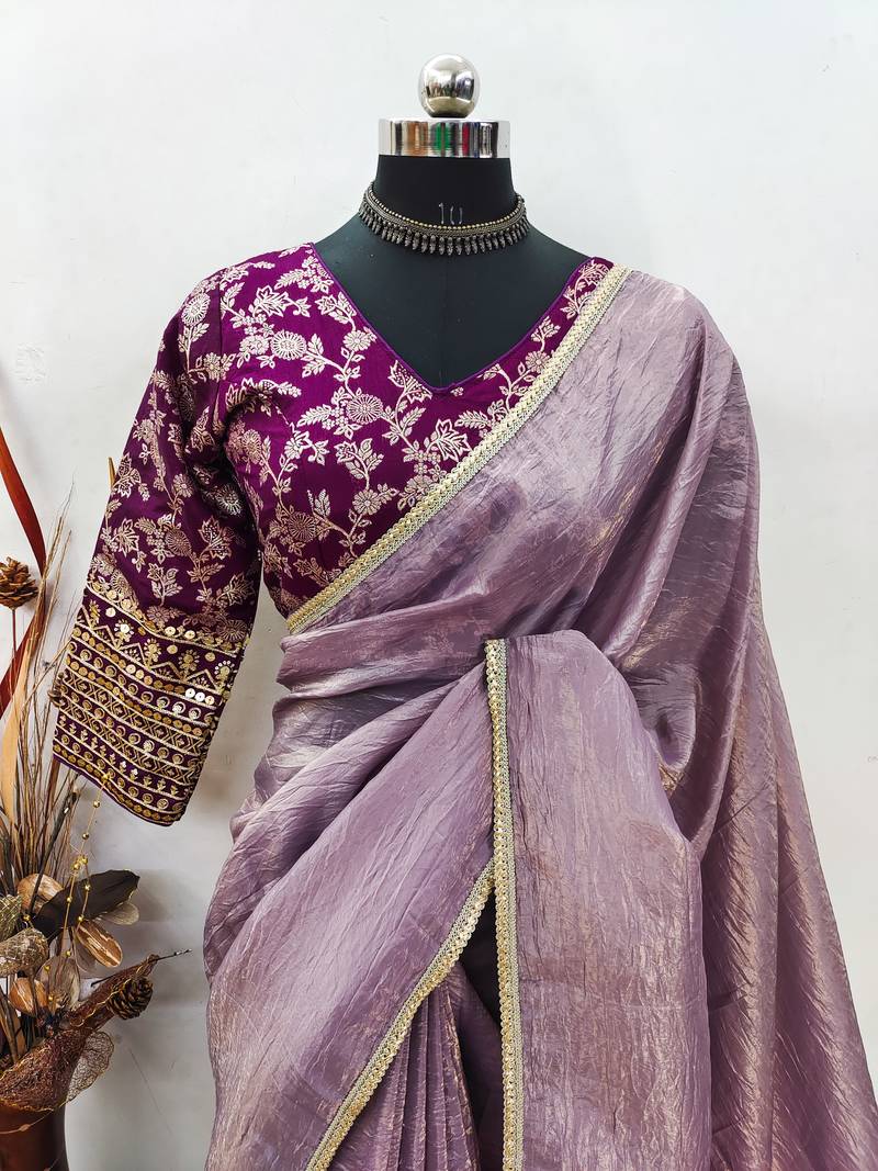 Light Pink Colour Crush tissue silk saree with banarasi Stitched blouse (40 Size)