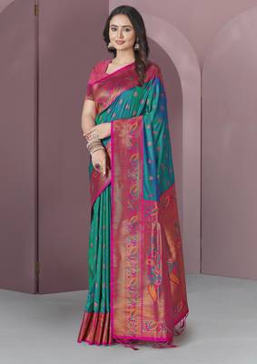 Green with pink original meenakari paithani silk zari woven saree 1