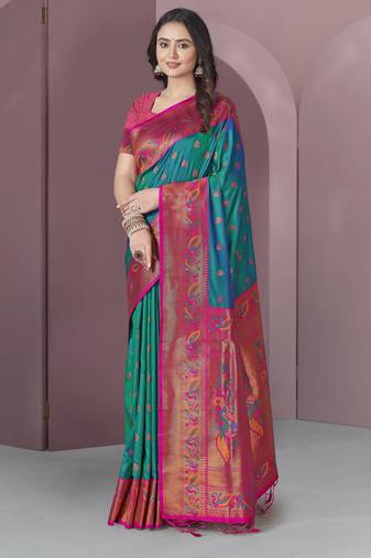 Green with pink original meenakari paithani silk zari woven saree