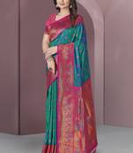Green with pink original meenakari paithani silk zari woven saree