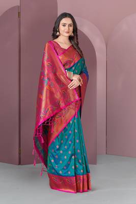 Green with pink original meenakari paithani silk zari woven saree 4