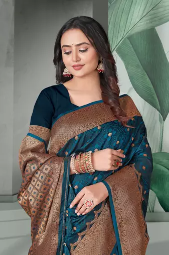 Dark Blue Faux Banarasi Self Katan Silk Zari Woven Saree