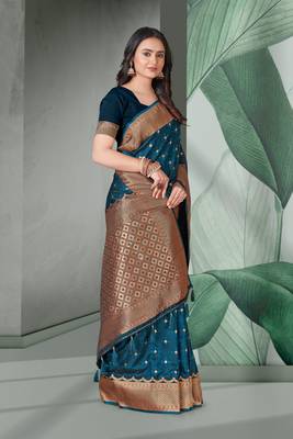Dark Blue Faux Banarasi Self Katan Silk Zari Woven Saree 5