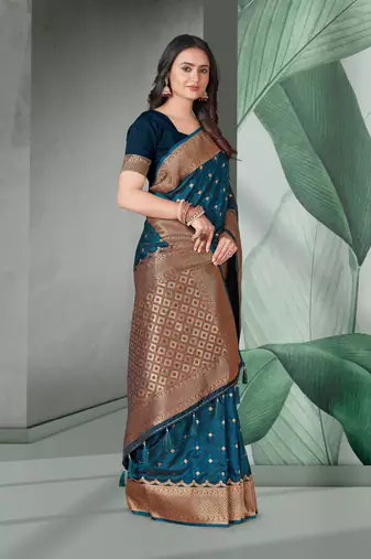 Dark Blue Faux Banarasi Self Katan Silk Zari Woven Saree