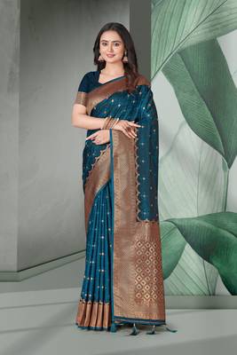 Dark Blue Faux Banarasi Self Katan Silk Zari Woven Saree 1