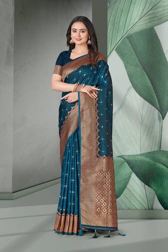 Dark Blue Faux Banarasi Self Katan Silk Zari Woven Saree