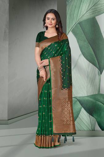 Dark Green Faux Banarasi Self Katan Silk Zari Woven Saree