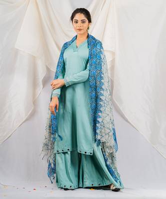 Aqua blue cotton silk kurta set 1