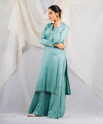 Aqua blue cotton silk kurta set 3