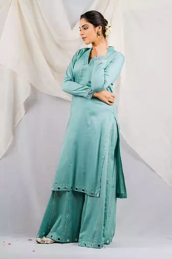 Aqua blue cotton silk kurta set