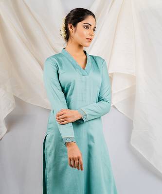 Aqua blue cotton silk kurta set 4
