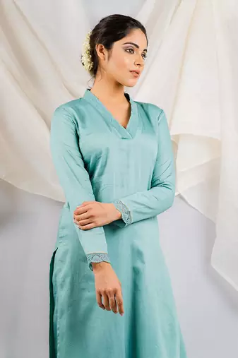 Aqua blue cotton silk kurta set