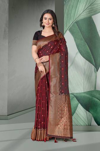 Maroon Faux Banarasi Self Katan Silk Zari Woven Saree
