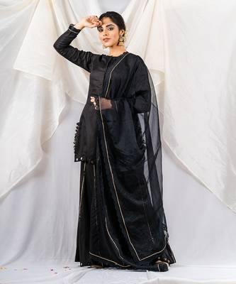 Black cotton silk kurta set 1