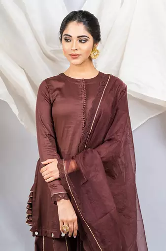 Brown cotton silk kurta set