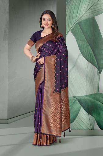 Magenta Wine Faux Banarasi Self Katan Silk Zari Woven Saree