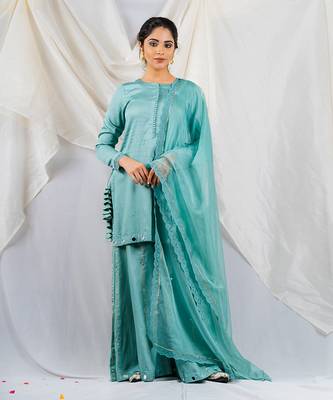 Aqua blue cotton silk kurta set 1