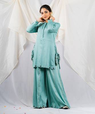 Aqua blue cotton silk kurta set 2