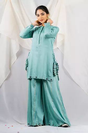 Aqua blue cotton silk kurta set