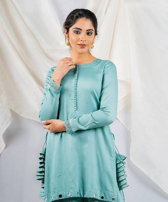 Aqua blue cotton silk kurta set 4