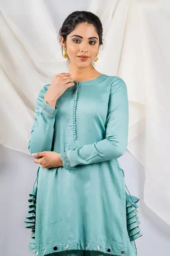 Aqua blue cotton silk kurta set