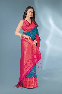 Rama polka paithani silk contrast zari woven saree with unstitched blouse 2