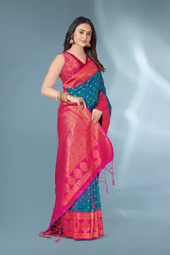 Rama polka paithani silk contrast zari woven saree with unstitched blouse