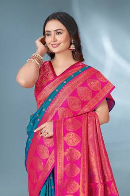 Rama polka paithani silk contrast zari woven saree with unstitched blouse 3