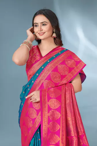 Rama polka paithani silk contrast zari woven saree with unstitched blouse
