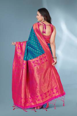 Rama polka paithani silk contrast zari woven saree with unstitched blouse 4