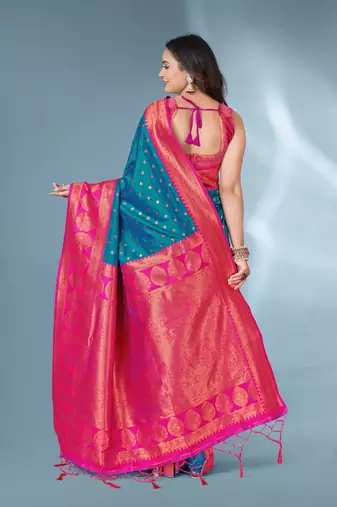 Rama polka paithani silk contrast zari woven saree with unstitched blouse