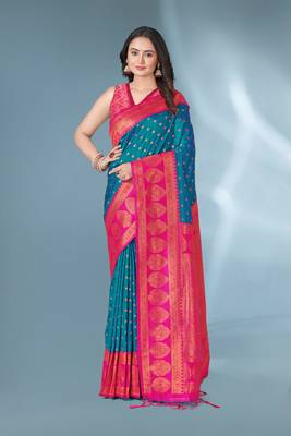 Rama polka paithani silk contrast zari woven saree with unstitched blouse 1