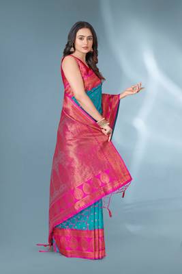 Blue Polka Paithani Silk Contrast Zari Woven Saree With Unstitched Blouse 3
