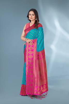 Blue Polka Paithani Silk Contrast Zari Woven Saree With Unstitched Blouse 1