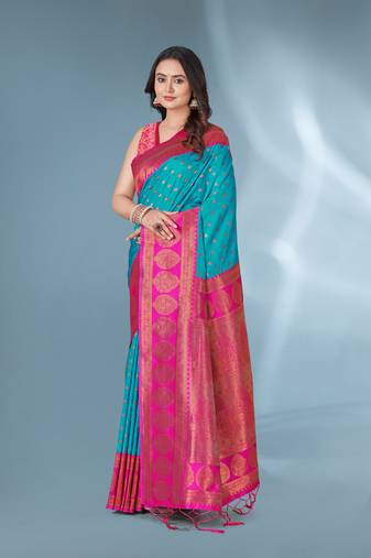 Blue Polka Paithani Silk Contrast Zari Woven Saree With Unstitched Blouse