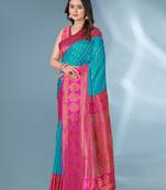 Blue Polka Paithani Silk Contrast Zari Woven Saree With Unstitched Blouse