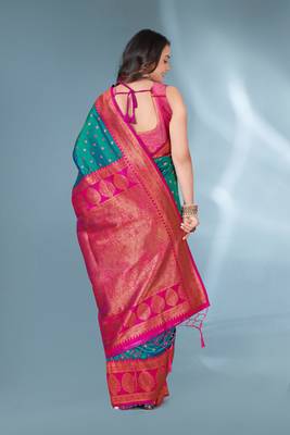Green With Pink Polka Paithani Silk Contrast Zari Woven Saree With Unstitched Blouse 3