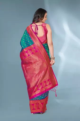 Green With Pink Polka Paithani Silk Contrast Zari Woven Saree With Unstitched Blouse