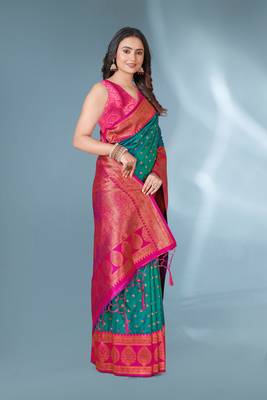 Green With Pink Polka Paithani Silk Contrast Zari Woven Saree With Unstitched Blouse 4