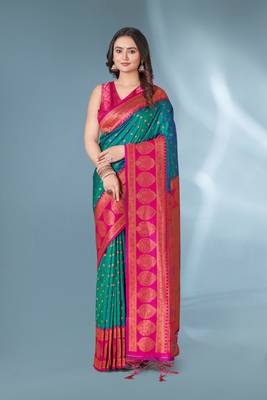 Green With Pink Polka Paithani Silk Contrast Zari Woven Saree With Unstitched Blouse 1