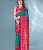 Green With Pink Polka Paithani Silk Contrast Zari Woven Saree With Unstitched Blouse
