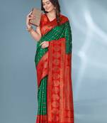 Green With Red Polka Paithani Silk Contrast Zari Woven Saree With Unstitched Blouse